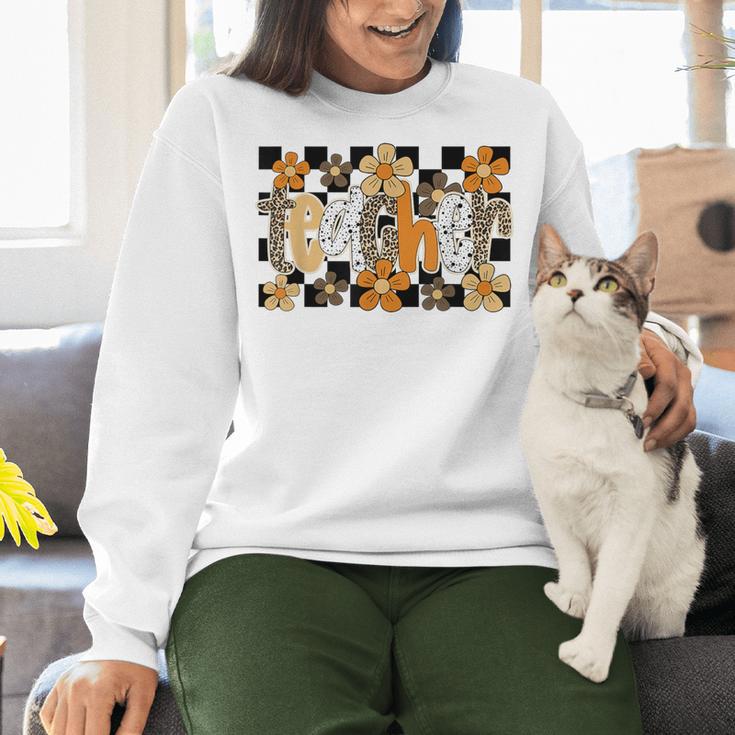 Teacher Appreciation Boho Floral Leopard Checkered Women Crewneck Sweatshirt, gift for family, gift for coworker