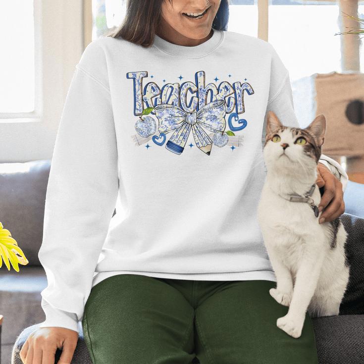 Teacher Blue Chinoiserie Coquette Bow Heart Teacher Life Women Crewneck Sweatshirt, gift for family, gift for coworker Teacher Blue Chinoiserie Coquette Bow Heart Teacher Life Women Crewneck Sweatshirt, gift for family, gift for coworker
