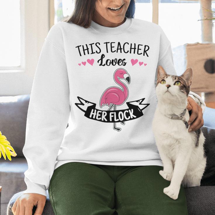 This Teacher Loves Her Flock Cute Flamingo Teacher Women Crewneck Sweatshirt, gift for family, gift for coworker