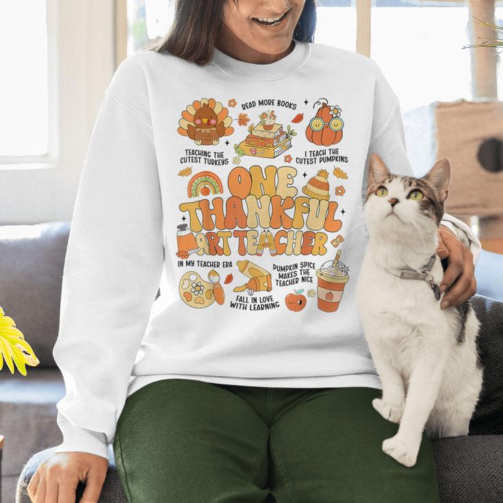 Thanksgiving One Thankful Art Teacher Fall Groovy Men Women Women Crewneck Sweatshirt, Groovy Teacher Sweatshirts, gift for family, gift for coworker
