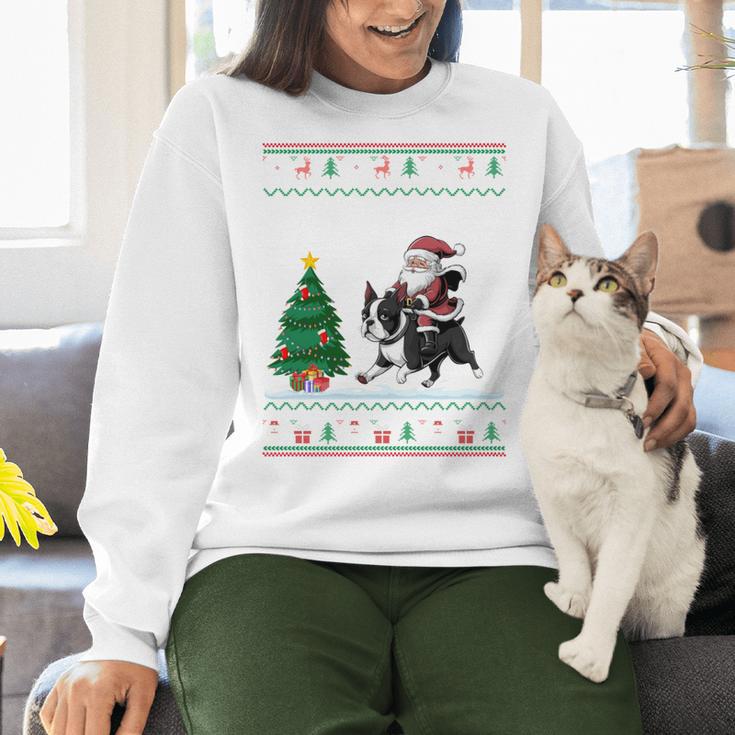 Ugly Christmas Tree Lights Xmas Santa Riding Boston Terrier Women Crewneck Sweatshirt, Boston Terrier Riding Sweatshirts, Boston Terrier Christmas Sweatshirts, gift for family, gift for coworker