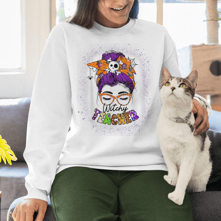 Witchy Teacher Halloween Messy Bun Teacher Bleached Women Crewneck Sweatshirt, gift for family, gift for coworker Witchy Teacher Halloween Messy Bun Teacher Bleached Women Crewneck Sweatshirt, gift for family, gift for coworker