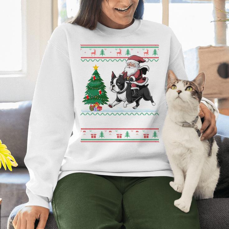 Xmas Tree Lighting Santa Riding Boston Terrier Christmas Women Crewneck Sweatshirt, Boston Terrier Riding Sweatshirts, Boston Terrier Christmas Sweatshirts, gift for family, gift for coworker