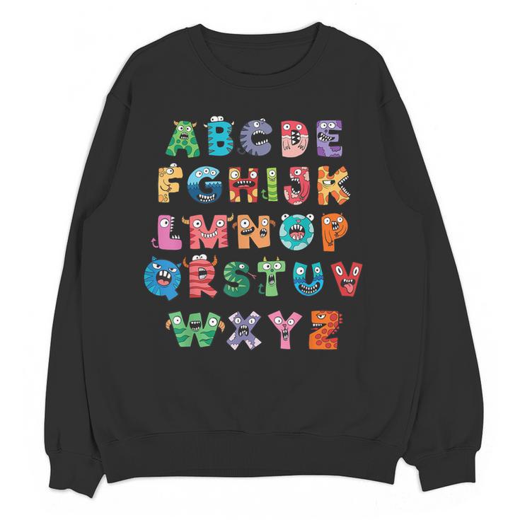 ABC Cute Monster Alphabet Halloween Teacher Costume Kids Women Crewneck Sweatshirt, novelty gifts, funny gifts