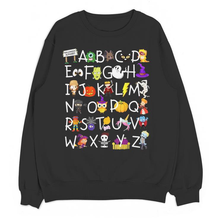 Alphabet ABCs Halloween Characters Kindergarten Teacher Kids Women Crewneck Sweatshirt, novelty gifts, funny gifts