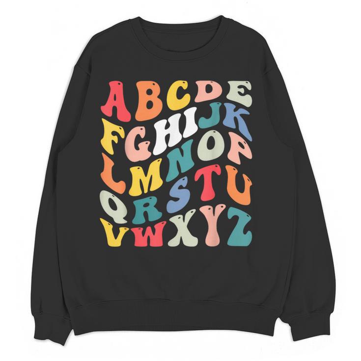 Alphabet Hi Back To School ABC Pre K Kindergarten Teacher Women Crewneck Sweatshirt, novelty gifts, funny gifts