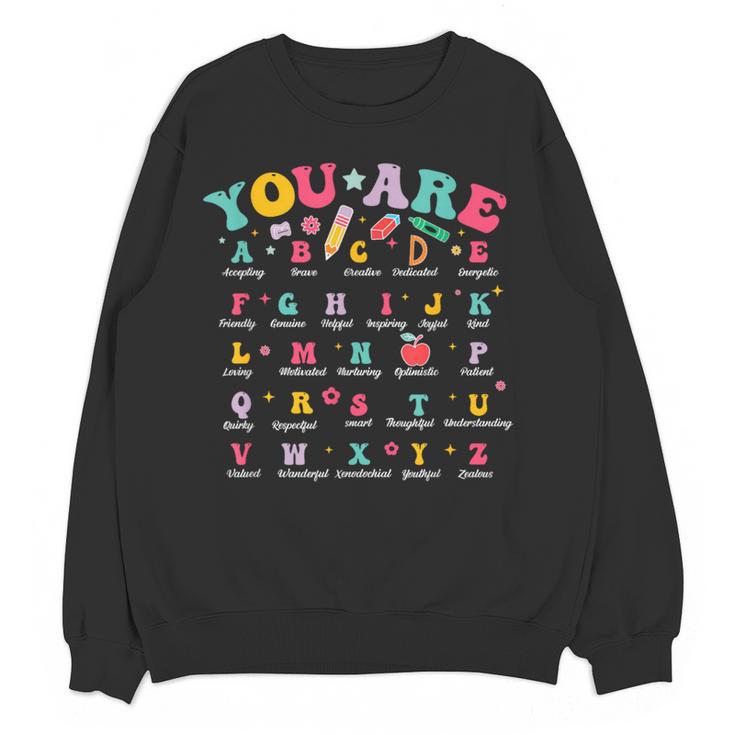 Alphabet Positive Affirmations Back To School Teacher Women Crewneck Sweatshirt, novelty gifts, funny gifts