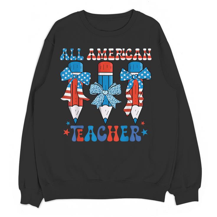 All American Teacher Pencil Coquette Bow USA Flag Teachers Women Crewneck Sweatshirt, novelty gifts, funny gifts All American Teacher Pencil Coquette Bow USA Flag Teachers Women Crewneck Sweatshirt, novelty gifts, funny gifts