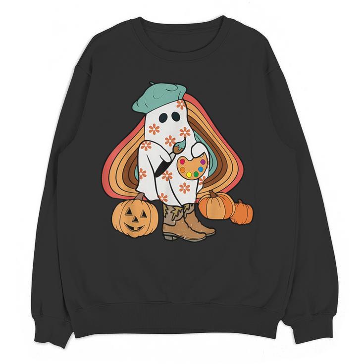 Art Teacher Painting Brushes Retro Pumpkin Ghost Artist Women Crewneck Sweatshirt, novelty gifts, funny gifts