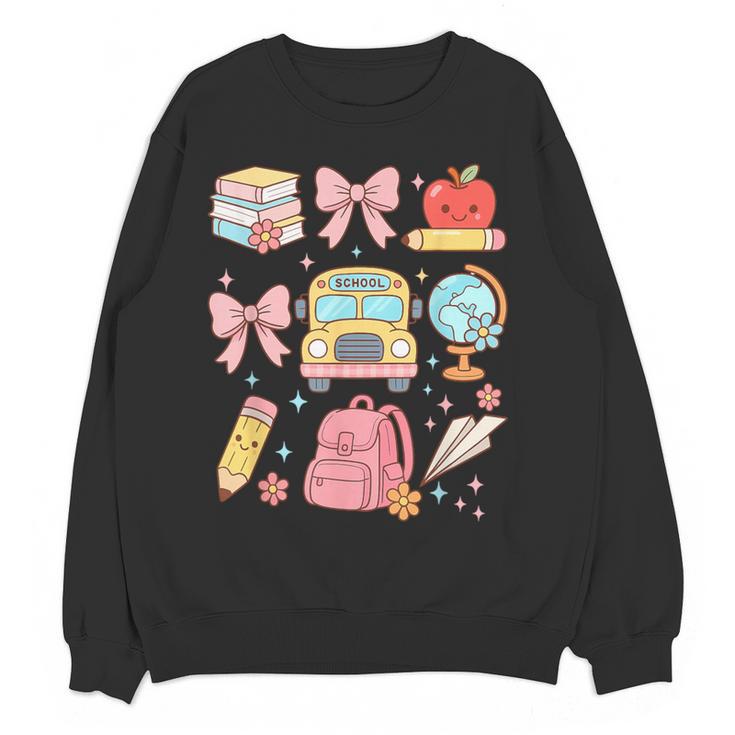 Back To School Coquette Teacher Women Girl Kindergarten PreK Women Crewneck Sweatshirt, novelty gifts, funny gifts Back To School Coquette Teacher Women Girl Kindergarten PreK Women Crewneck Sweatshirt, novelty gifts, funny gifts