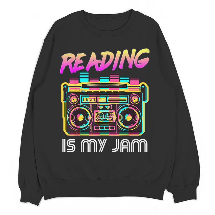 Back To School Retro Reading Is My Jam 80s Teacher Boombox Women Crewneck Sweatshirt, novelty gifts, funny gifts