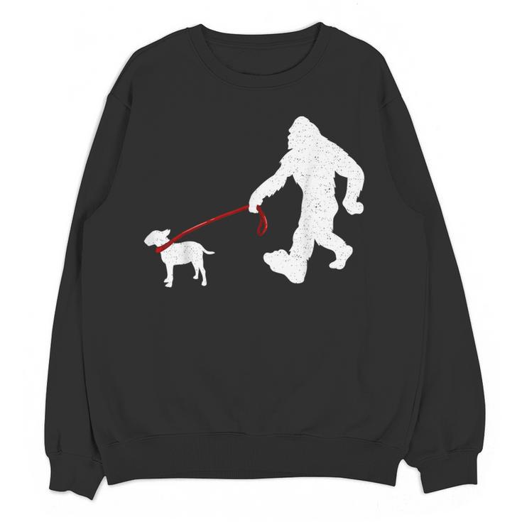 Bigfoot Walking With Bull Terrier Dog Women Crewneck Sweatshirt, novelty gifts, funny gifts