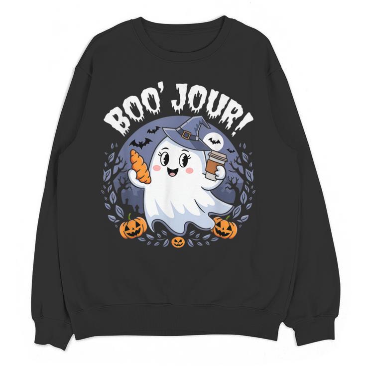 Boo Jour Ghost Halloween French Teacher Cute Coffe Croissant Women Crewneck Sweatshirt, novelty gifts, funny gifts