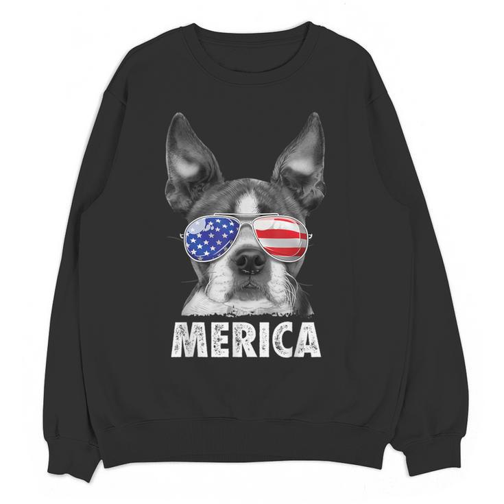 Boston Terrier 4th Of July Merica Men Women USA Flag Vintage Women Crewneck Sweatshirt, novelty gifts, funny gifts