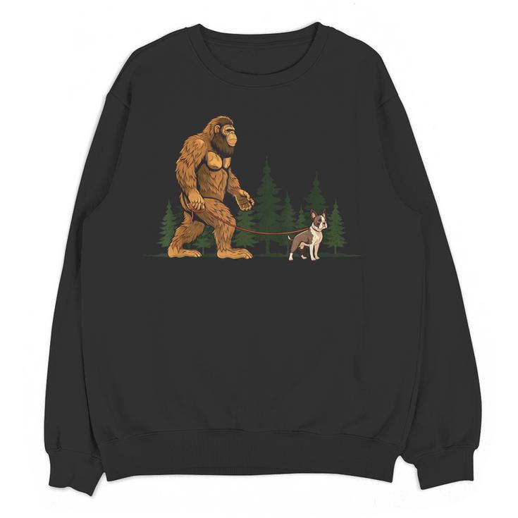 Boston Terrier Bigfoot Dog Walking Dog Mom Dad Kids Women Crewneck Sweatshirt, novelty gifts, funny gifts