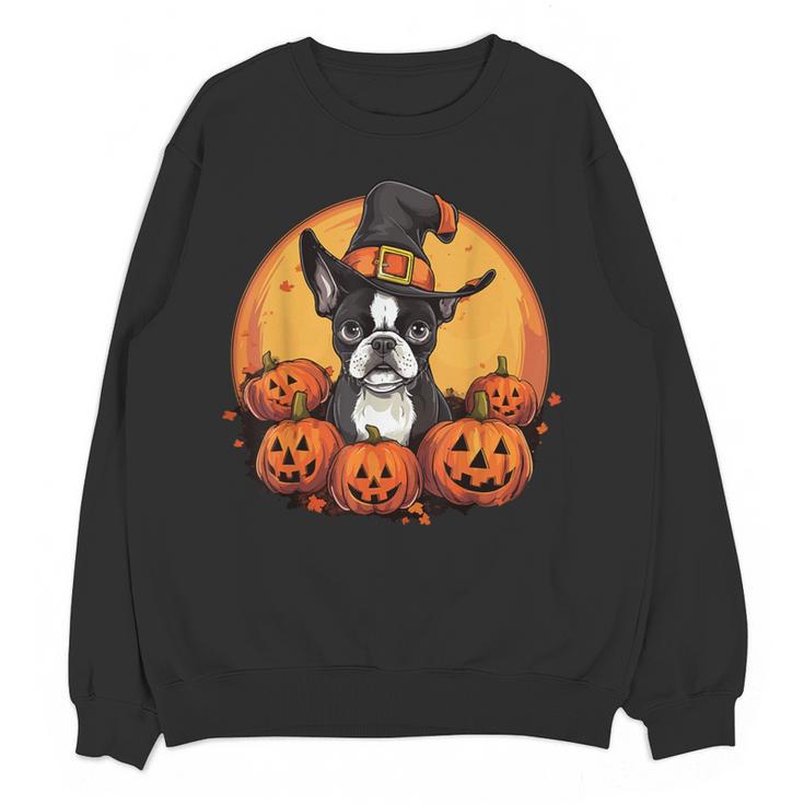 Boston Terrier Bostie Dog Breed Pet Halloween Pumpkins Women Crewneck Sweatshirt, novelty gifts, funny gifts