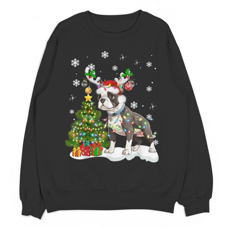 Boston Terrier Christmas Tree Lights Santa Hat Women Crewneck Sweatshirt, novelty gifts, funny gifts