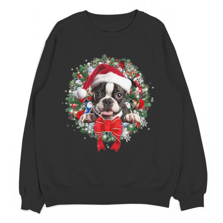 Boston Terrier Christmas Wreath Decoration Xmas Pajamas Women Crewneck Sweatshirt, novelty gifts, funny gifts
