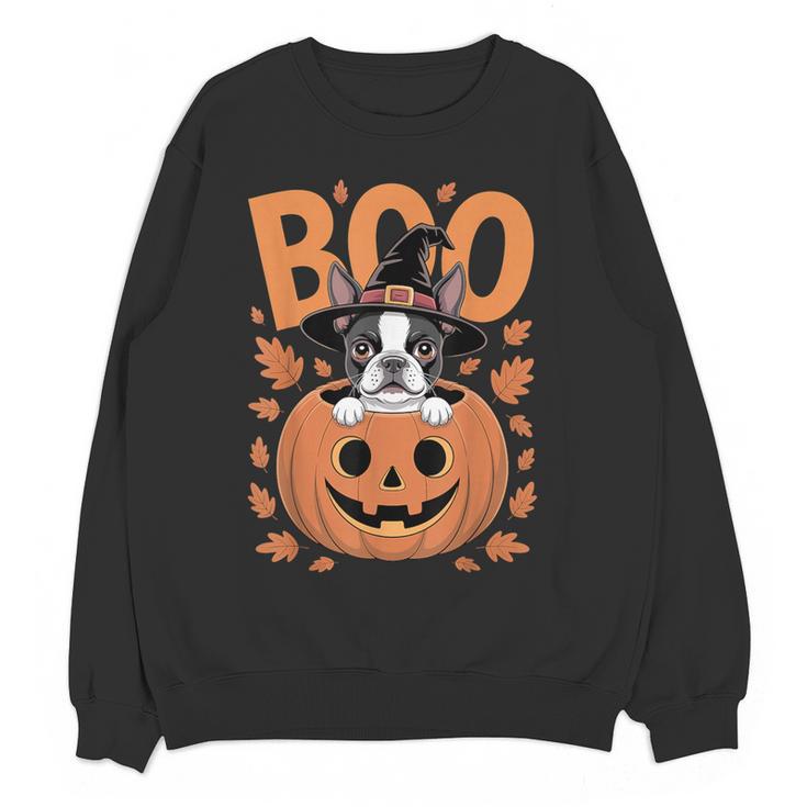 Boston Terrier Costume On Pumpkin Halloween Boston Terrier Women Crewneck Sweatshirt, novelty gifts, funny gifts