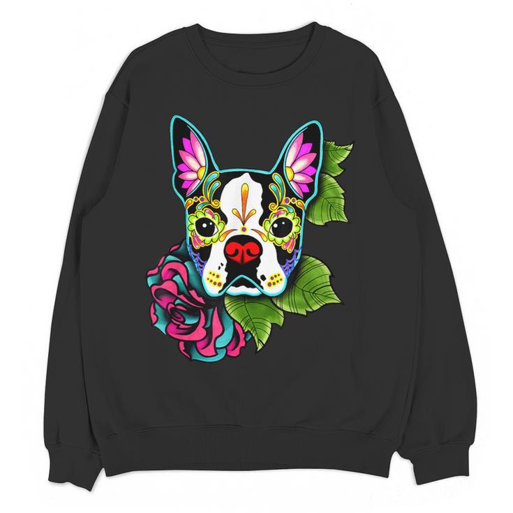 Boston Terrier In Day Of The Dead Sugar Skull Dog Women Crewneck Sweatshirt, novelty gifts, funny gifts
