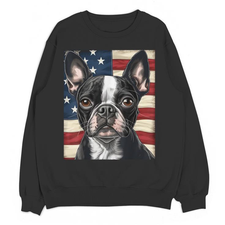 Boston Terrier Dog American Flag 4th Of July Patriotic Puppy Women Crewneck Sweatshirt, novelty gifts, funny gifts