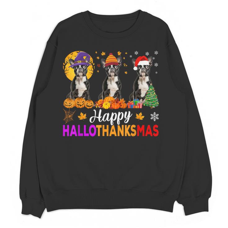 Boston Terrier Dog Halloween Christmas Hallothanksmas Men Women Kids Women Crewneck Sweatshirt, novelty gifts, funny gifts