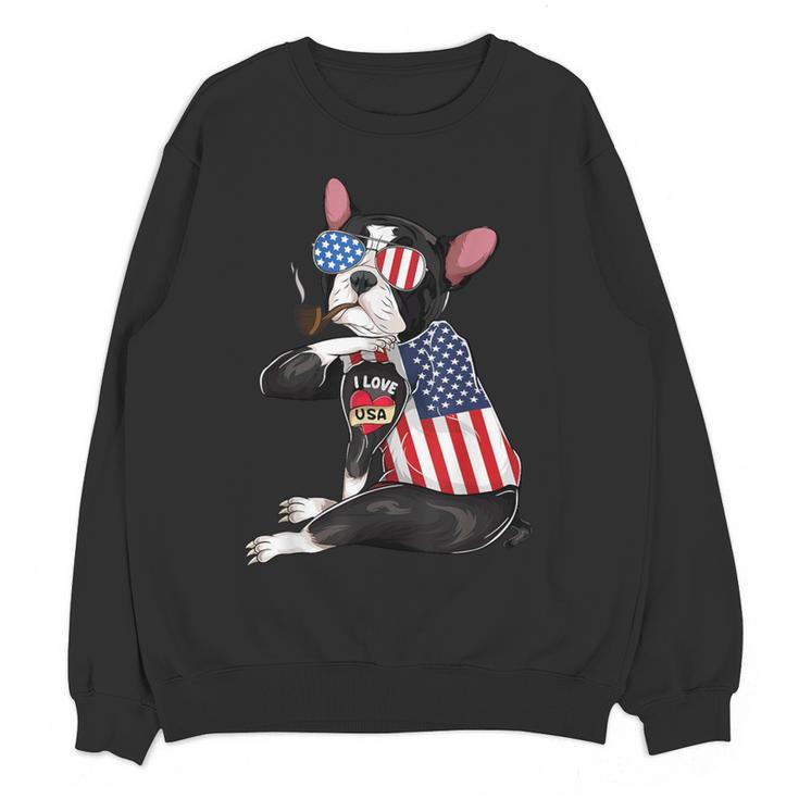 Boston Terrier Dog Merica 4th Of July Usa American Flag Men Women Crewneck Sweatshirt, novelty gifts, funny gifts