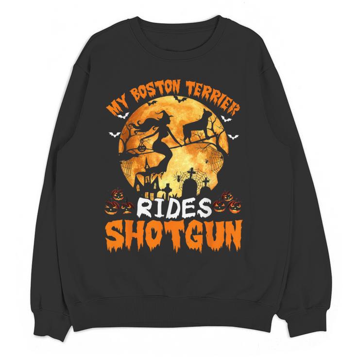 My Boston Terrier Dog Rides Shotgun Witch Halloween Men Women Women Crewneck Sweatshirt, novelty gifts, funny gifts