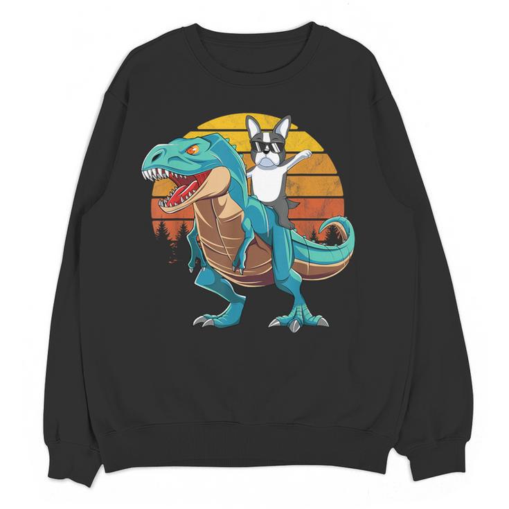 Boston Terrier Dog Riding Dinosaur T Rex Boys Women Crewneck Sweatshirt, novelty gifts, funny gifts