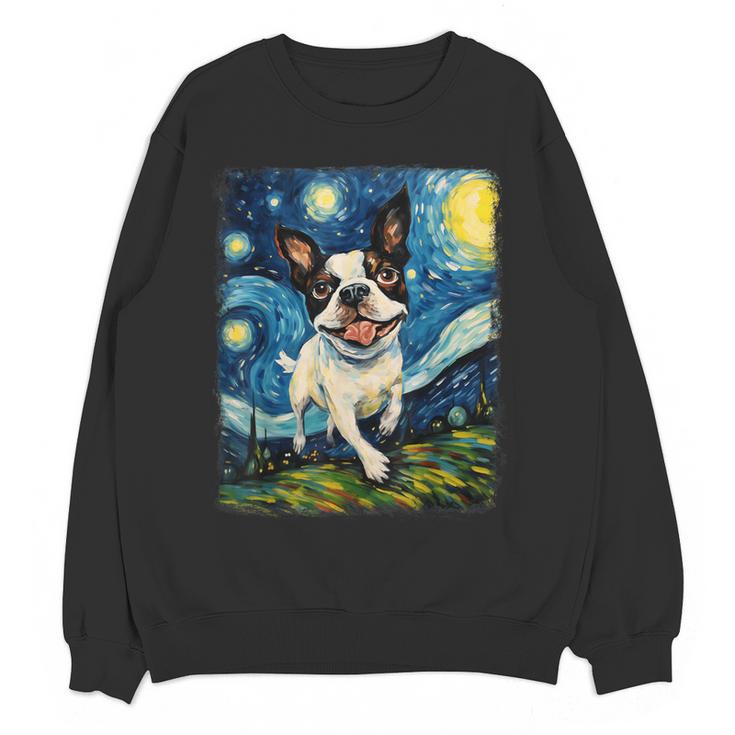 Boston Terrier Dog Starry Night Painting Women Crewneck Sweatshirt, novelty gifts, funny gifts