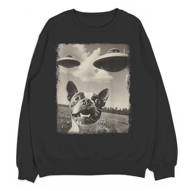 Boston Terrier Dog UFO Alien Extraterrestrial Selfie Women Crewneck Sweatshirt, novelty gifts, funny gifts