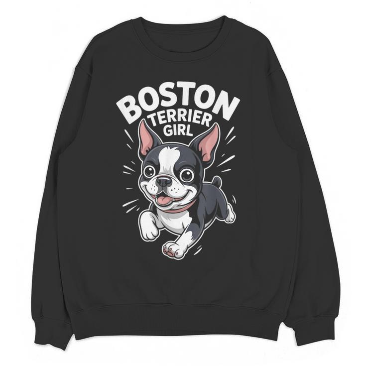 Boston Terrier Girl Cute Cartoon For Dog Owners Pet Terrier Women Crewneck Sweatshirt, novelty gifts, funny gifts