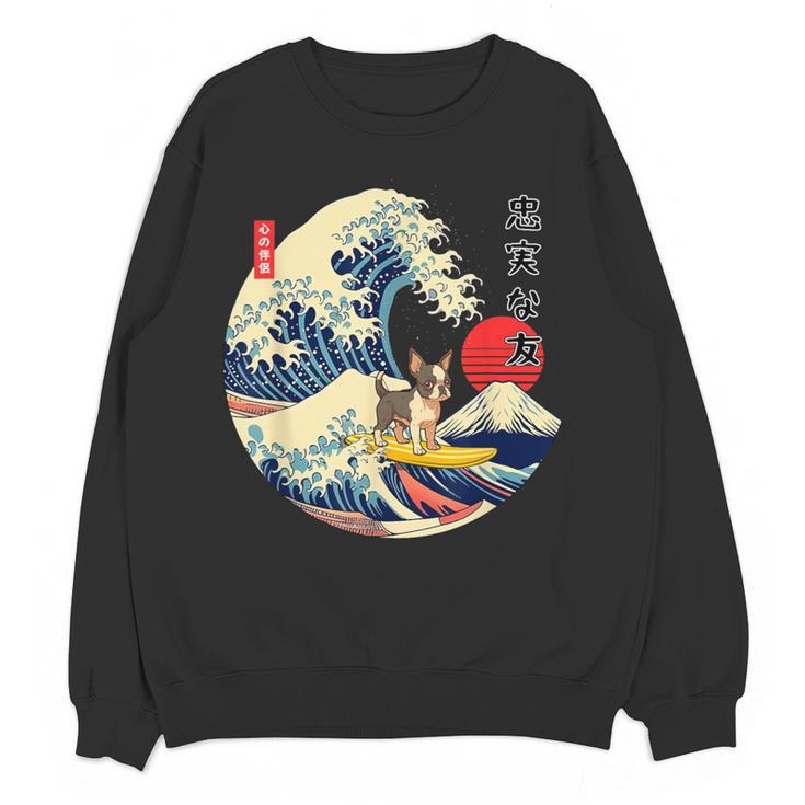Boston Terrier Japanese Kanagawa Wave Surf Loyal Dog Men Women Kids Women Crewneck Sweatshirt, novelty gifts, funny gifts