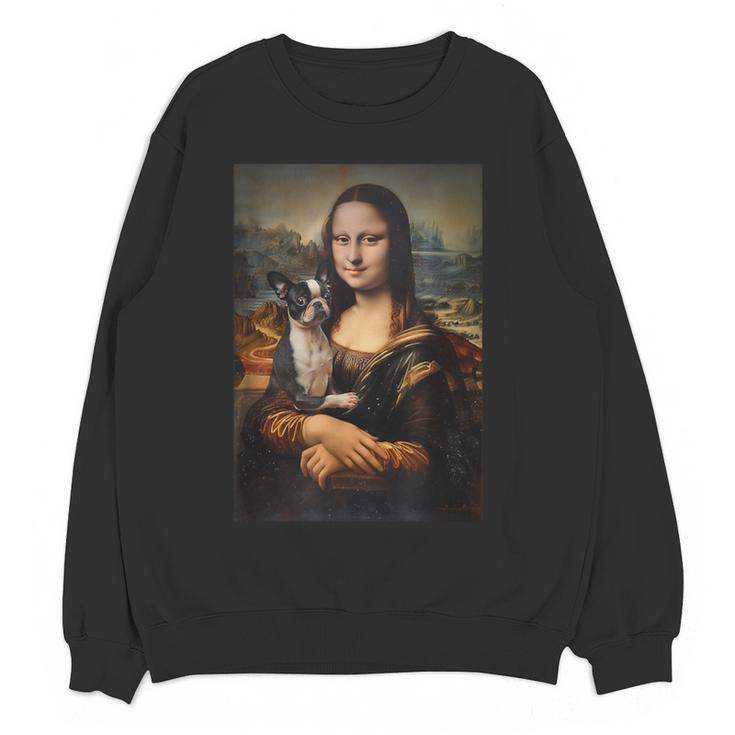Boston Terrier Mona Lisa Painting Art Dog Mom Dad For Men Women Kids Women Crewneck Sweatshirt, novelty gifts, funny gifts