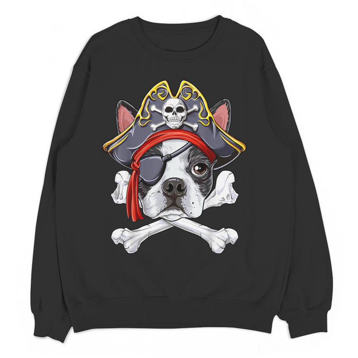 Boston Terrier Pirate T Shirt Jolly Roger Crossbones Skull Women Crewneck Sweatshirt, novelty gifts, funny gifts