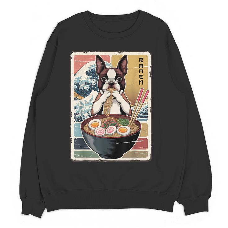 Boston Terrier Ramen Noodles Japanese Art Retro Ocean Waves Women Crewneck Sweatshirt, novelty gifts, funny gifts