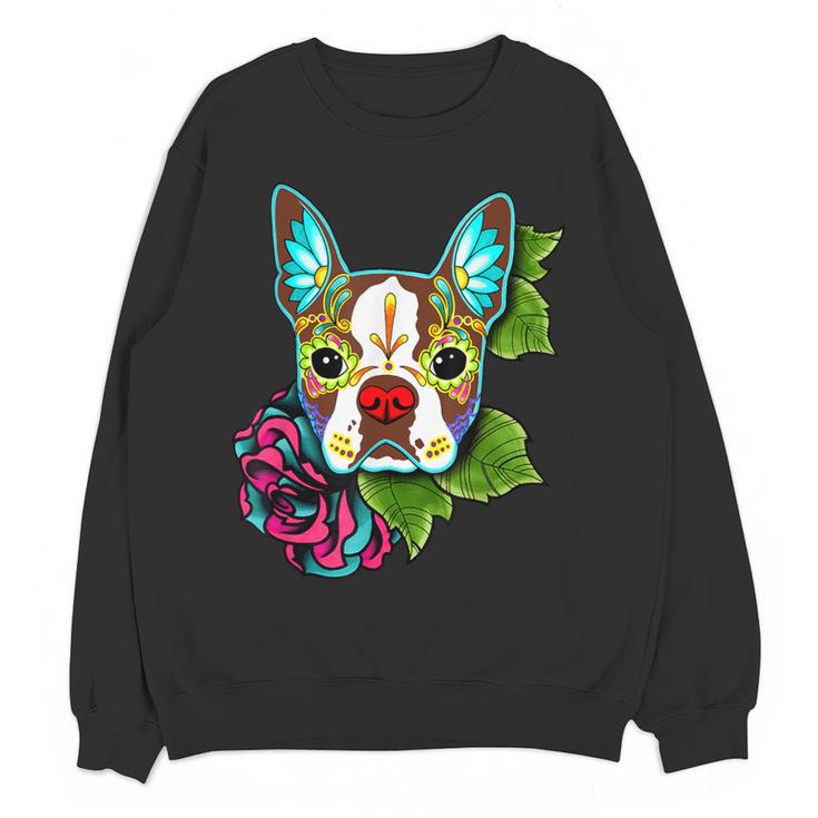 Boston Terrier In Red Day Of The Dead Sugar Skull Dog Women Crewneck Sweatshirt, novelty gifts, funny gifts
