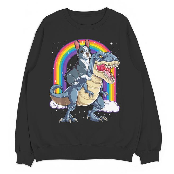 Boston Terrier Riding Dinosaur T-Rex Boys Kids Rainbow Women Crewneck Sweatshirt, novelty gifts, funny gifts