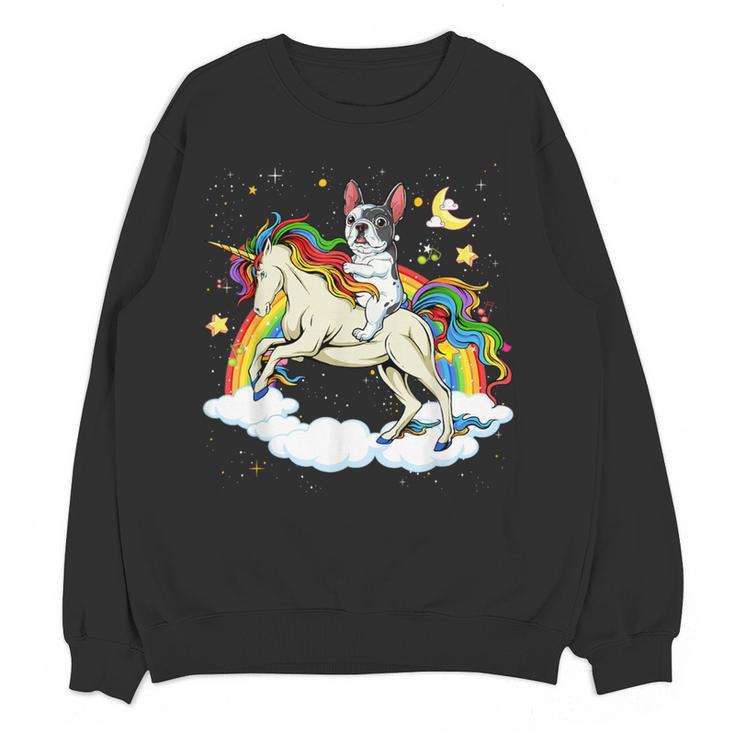 Boston Terrier Riding Unicorn Boys Girls Kids Rainbow Women Crewneck Sweatshirt, novelty gifts, funny gifts