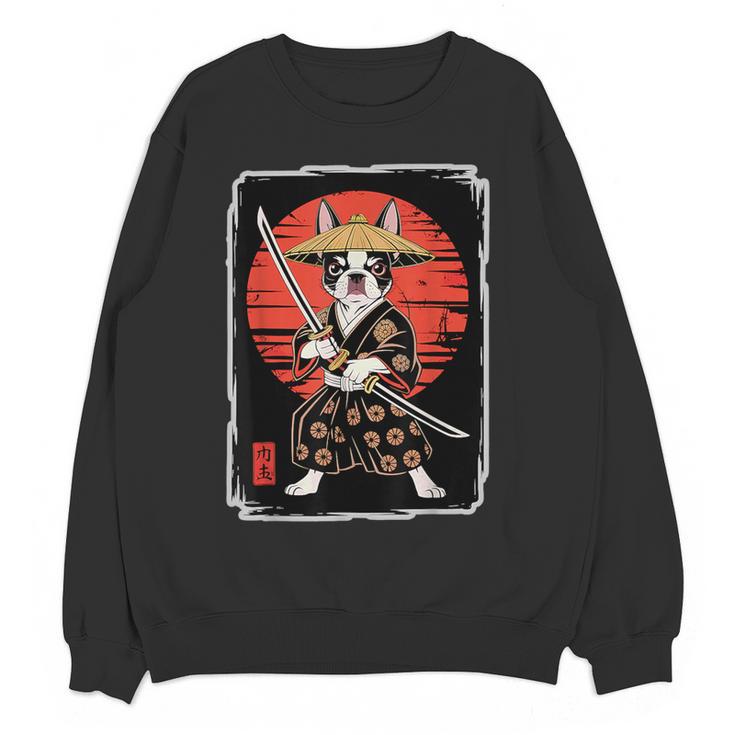 Boston Terrier Samurai Ninja Vintage Anime Japanese Ukiyo-e Women Crewneck Sweatshirt, novelty gifts, funny gifts