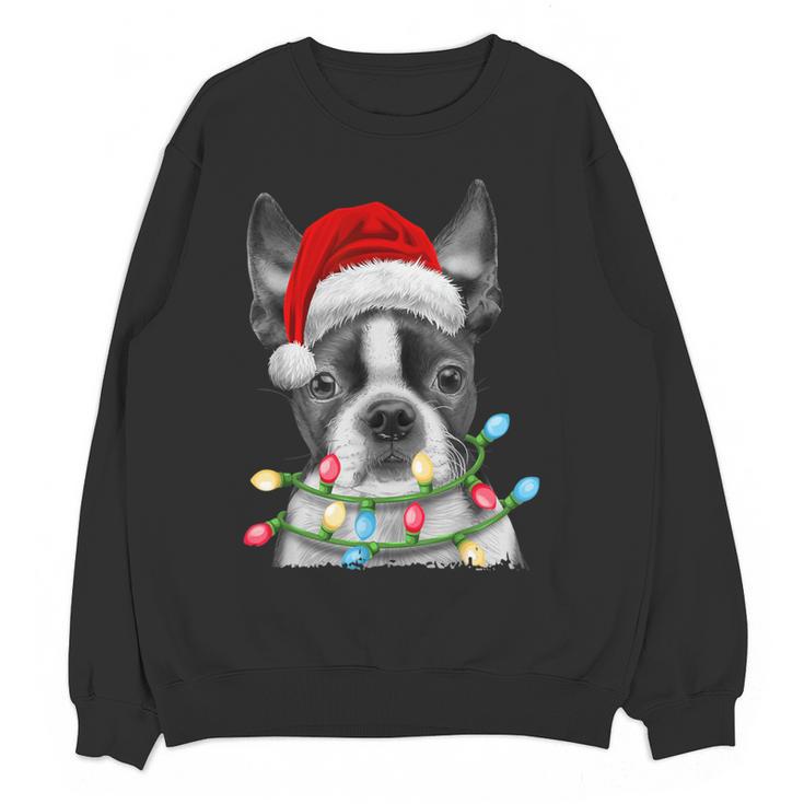 Boston Terrier Santa Christmas Tree Lights Xmas Boys Men Dog Women Crewneck Sweatshirt, novelty gifts, funny gifts