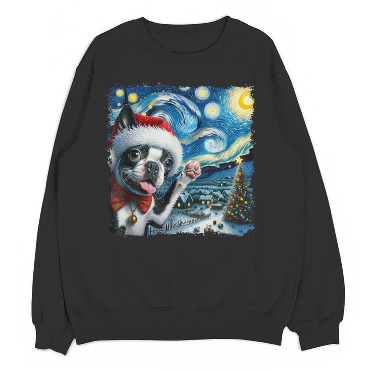 Boston Terrier Santa Starry Night Van Gogh Christmas Dog Men Women Kids Women Crewneck Sweatshirt, novelty gifts, funny gifts