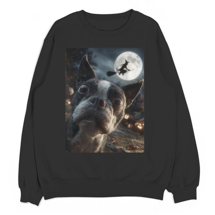 Boston Terrier Selfie Full Moon Flying Witch Halloween Dog Women Crewneck Sweatshirt, novelty gifts, funny gifts