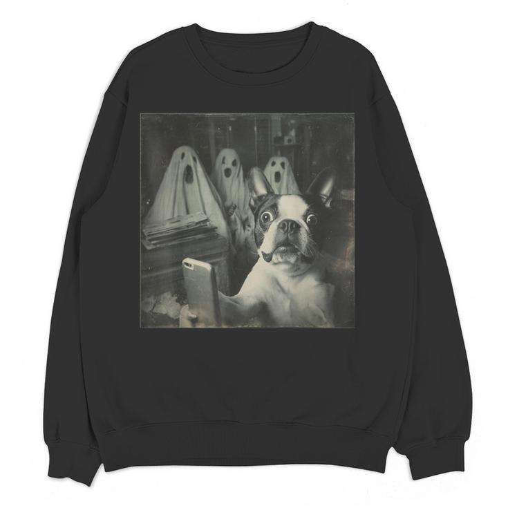 Boston Terrier Selfie With Ghosts Halloween Dog Lover Women Crewneck Sweatshirt, novelty gifts, funny gifts