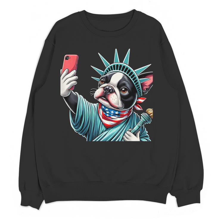Boston Terrier Selfie Statue Of Liberty 4th Of July American Women Crewneck Sweatshirt, novelty gifts, funny gifts
