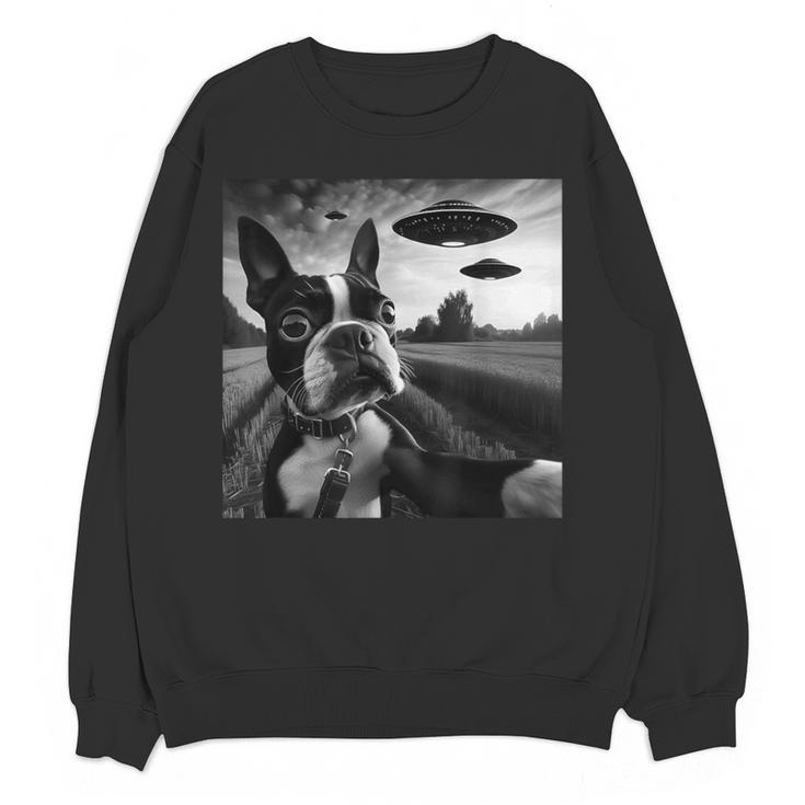 Boston Terrier Graphic Selfie With UFOs Weird Aliens Women Crewneck Sweatshirt, novelty gifts, funny gifts