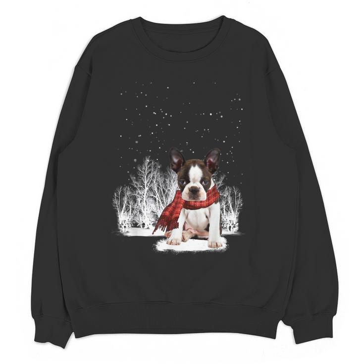 Boston Terrier In The Snow Merry Christmas Winter Women Crewneck Sweatshirt, novelty gifts, funny gifts