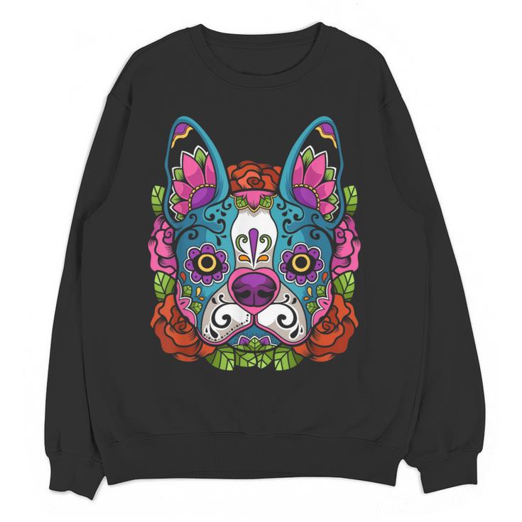 Boston Terrier Sugar Skull Dog Day Of The Dead Women Crewneck Sweatshirt, novelty gifts, funny gifts