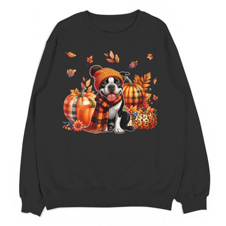 Boston Terrier Thanksgiving Leopard Pumpkins Fall Leaves Women Crewneck Sweatshirt, novelty gifts, funny gifts