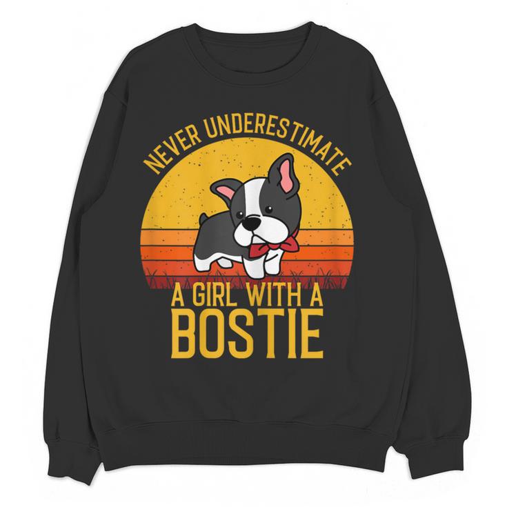 Boston Terrier Never Underestimate a Girl With a Bostie Women Crewneck Sweatshirt, novelty gifts, funny gifts